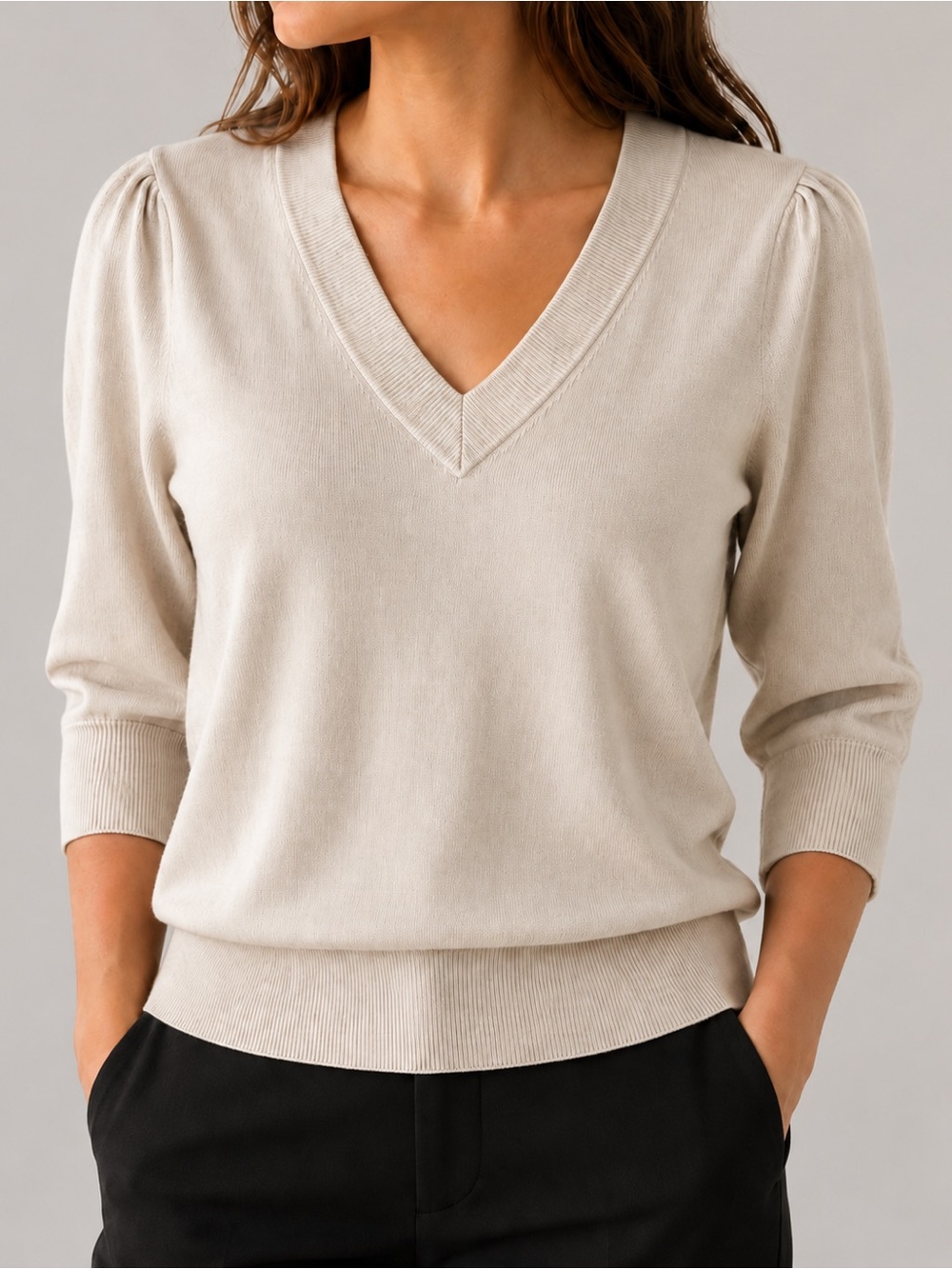 DKNY Beige V-Neck Knit Sweater Top 3/4 Sleeve Size Small